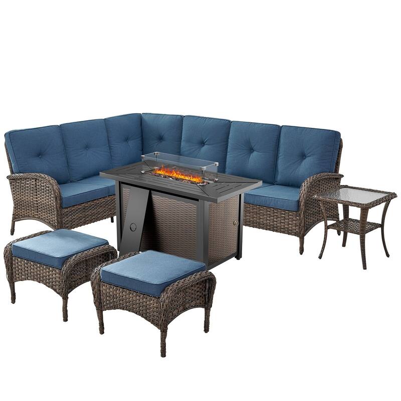 Outdoor Sectional Sofa Ottomans with Fire Pit Table
