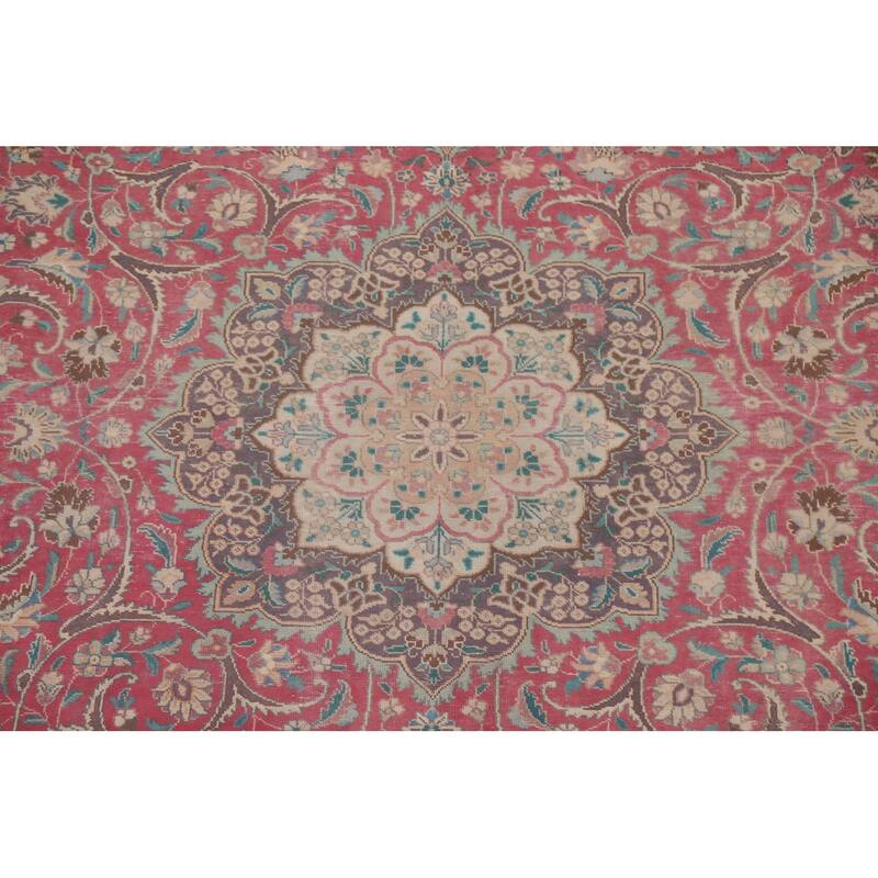 Hand Knotted Oriental 100% Wool Carpet Traditional Floral Pink Tabriz Area Rug - 12' 11'' X 9' 9''