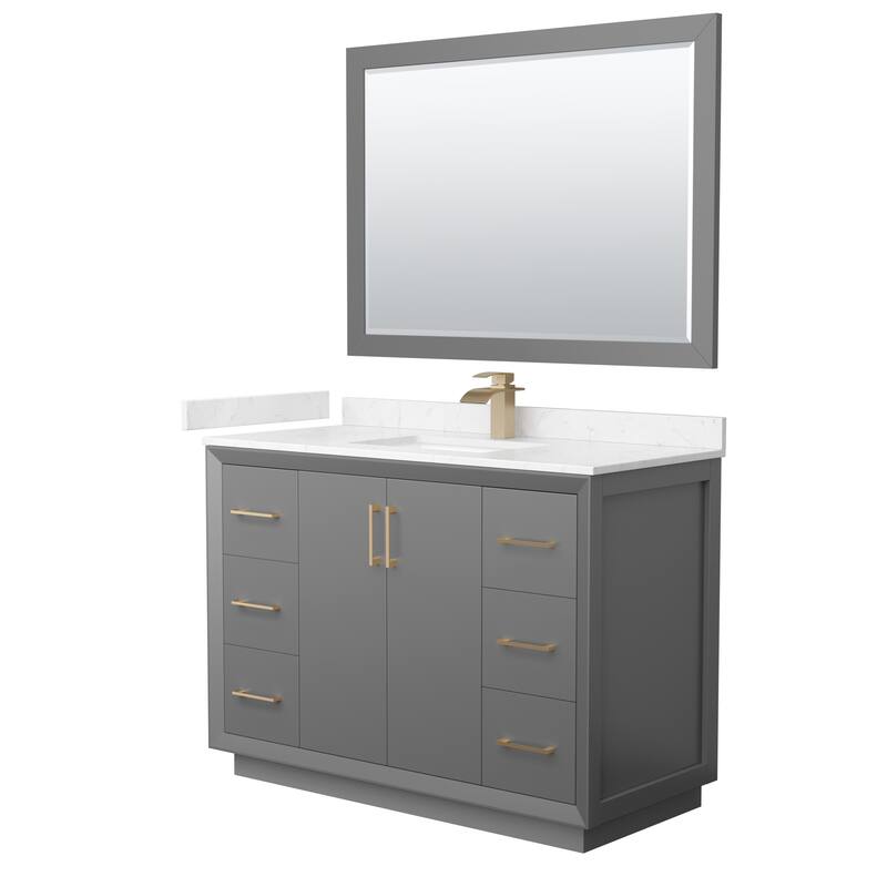 Strada 48-Inch Single Vanity Set, Cultured Marble Top, 46-Inch Mirror - Dark Gray, Bronze Trim,Carrara Cultured Marble Top
