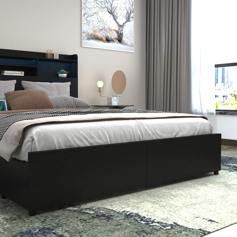 Queen Storage Bed Frame with 6 Drawers, Headboard, USB Charging, and LED Lights