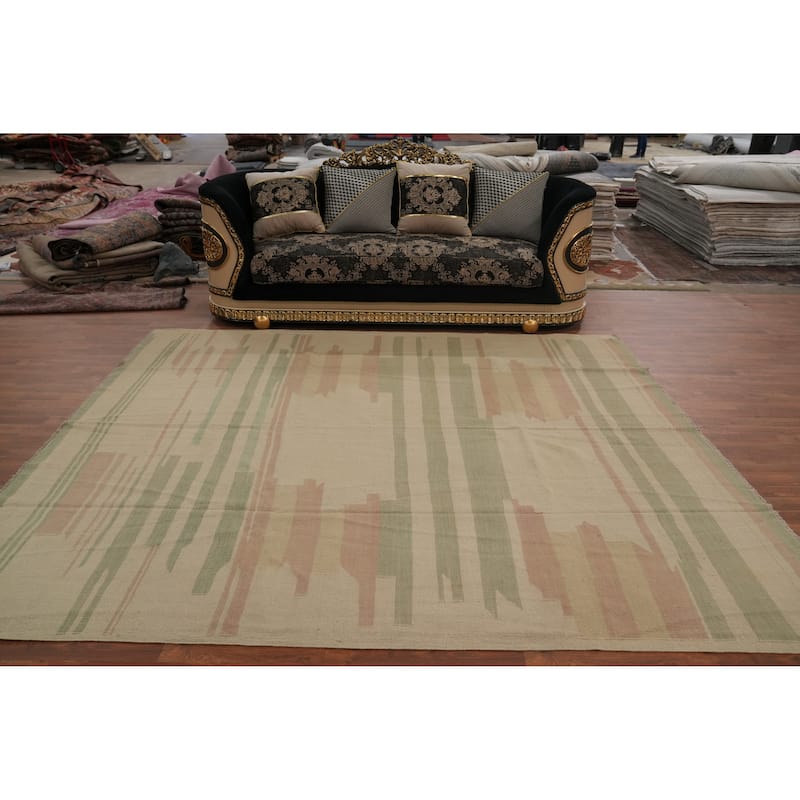 Hand Woven Southwestern Wool Beige Geometric Area Rug - 9' 6'' X 8' 4''
