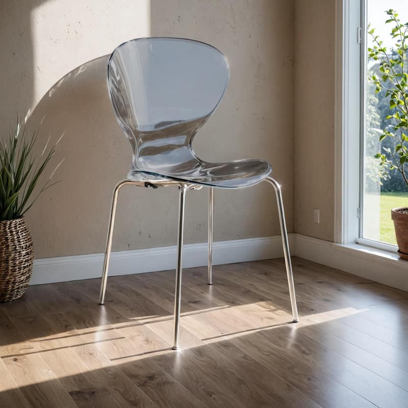 Oyster Modern Ergonomic Transparent Stackable Dining Side Chair with Chrome Steel Legs, Rounded Seat Edge for Indoor Outdoor Use
