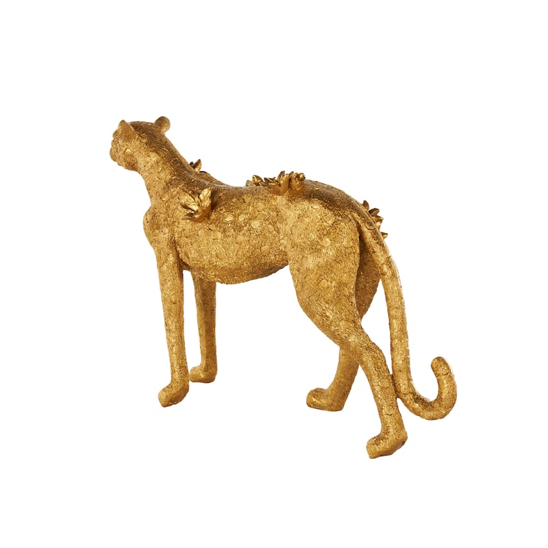 Gold Resin Standing Leopard Decorative Sculpture with Textured Spots and Floral Accents - 7"W x 25"L x 17"H