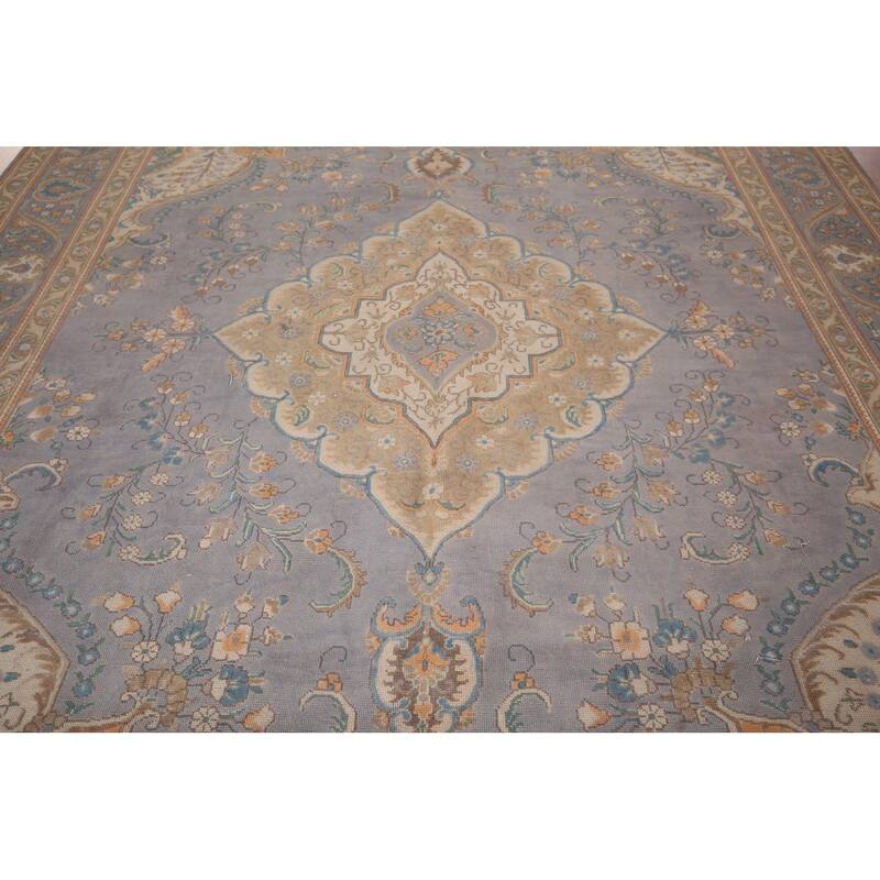 Tabriz Persian Vintage Area Rug Hand-Knotted Blue Wool Carpet - 9'10"x 12'9"