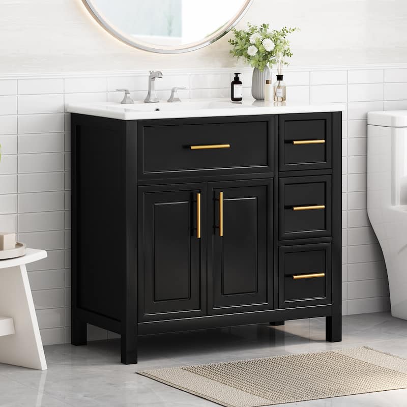 Merax Bathroom Vanity with Sink Top & Golden Metal Handles - Black