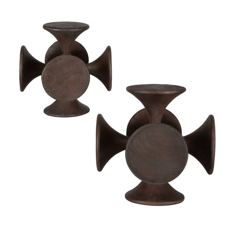 Symmetric Wooden Sculpture - 10" - Brown - Set of 2