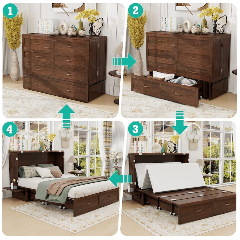 Solid Wood Murphy Bed Full Size with Storage | Space Saving Walnut Cabinet Bed with Easy Pull-Out Mechanism for Bedroom