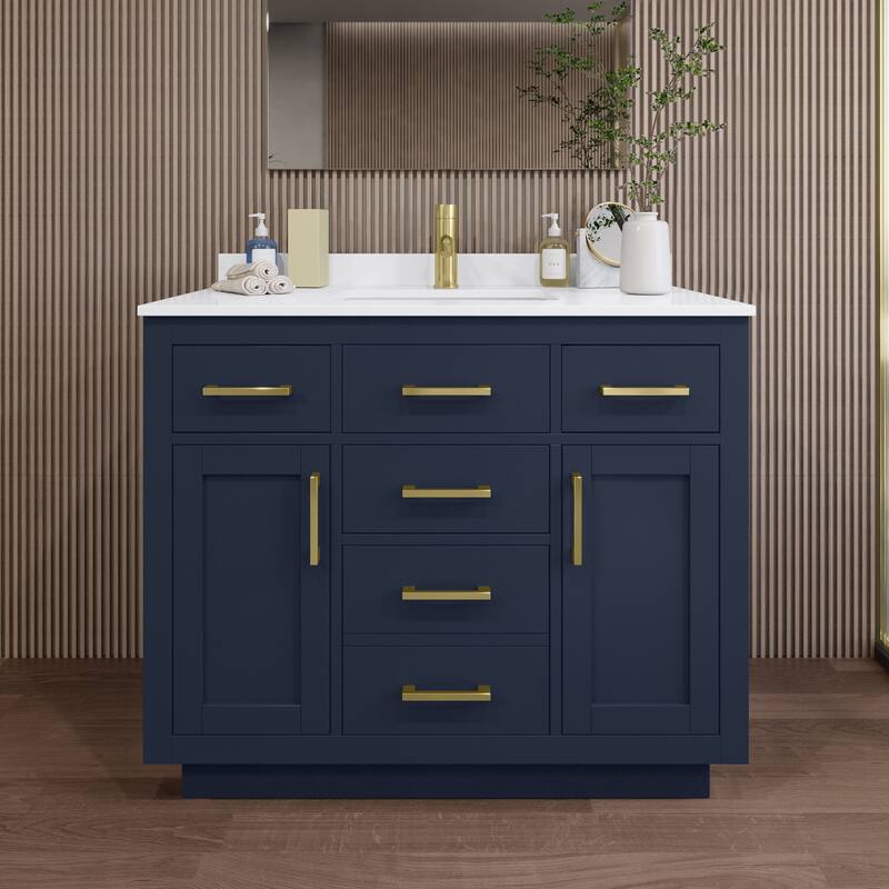 Wyndham Collection WCG262642S-QTZ-UNSMXX Beckett TK 42" Free Standing - Dark Blue / White Quartz Top / Brushed Gold