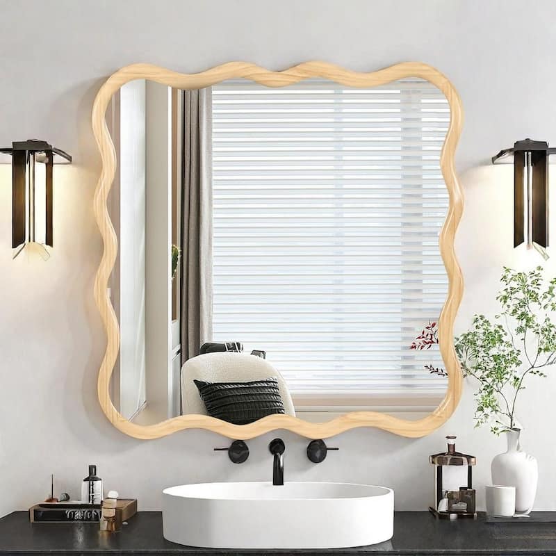 Mia Solid Wood Wavy Square Large Wall Mirror with HD Reflection and Artistic Frame Design by GDFStudio - 36" x 36"