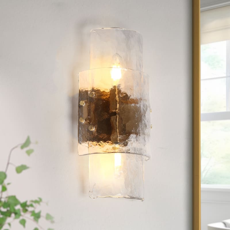 Modern 2-Light Gold Wall Sconces Textured Glass Bathroom Vanity Lights - L14.2" x W6.3"
