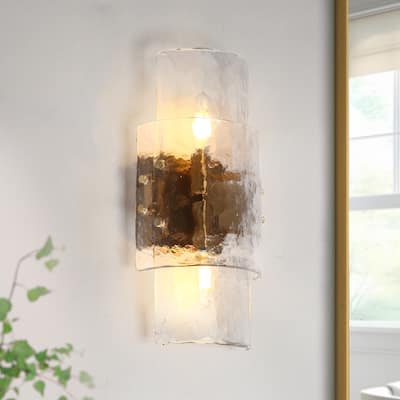 Modern 2-Light Gold Wall Sconces Textured Glass Bathroom Vanity Lights - L14.2" x W6.3"