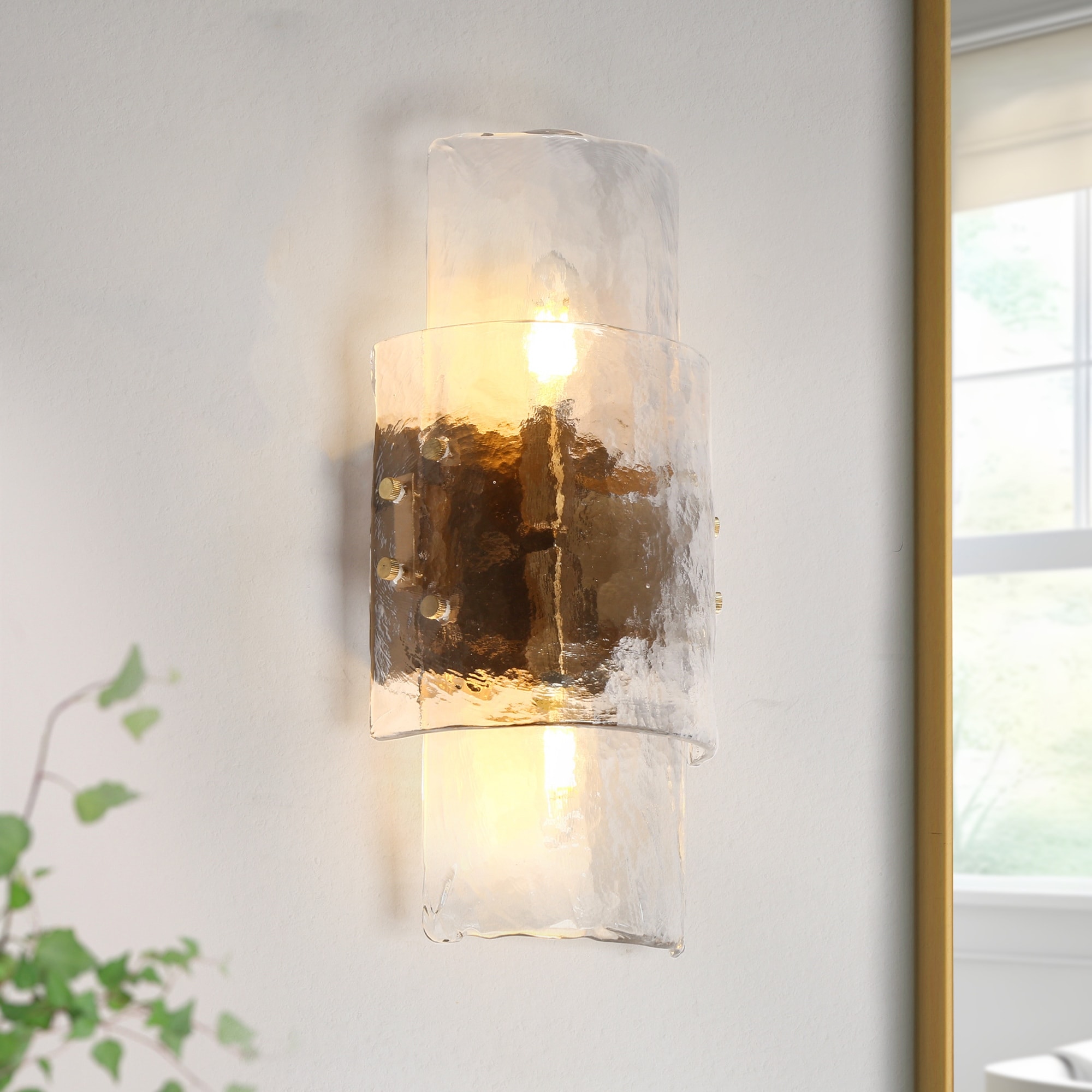 Modern 2-Light Hammered Glass Wall Sconce Gold Bathroom Vanity Light - L14.2" x W6.3"