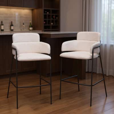 HomeRoots Set of Two 30" Cream and Black Faux Shearling and Steel Bar Height Bar Chairs