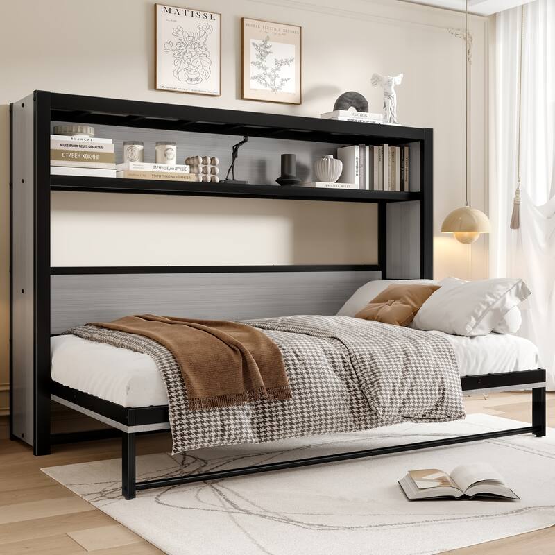 Roomfitters Twin Size Metal Murphy Bed with Shelves, Foldable Wall Bed Frame with Space-Saving Design - Gray - Twin