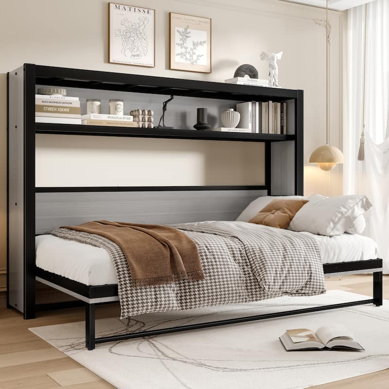 Twin Murphy Bed - Metal Wall Bed with Shelves, Foldable Space-Saving Design - Grey