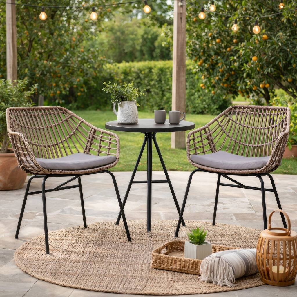 Niya Patio Chair Set of 2, Black Steel, Gray, Brown Outdoor Rattan Wicker