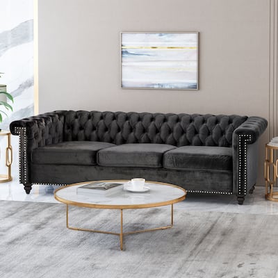 3 - Seater Black Velvet Chesterfield - Style Sofa