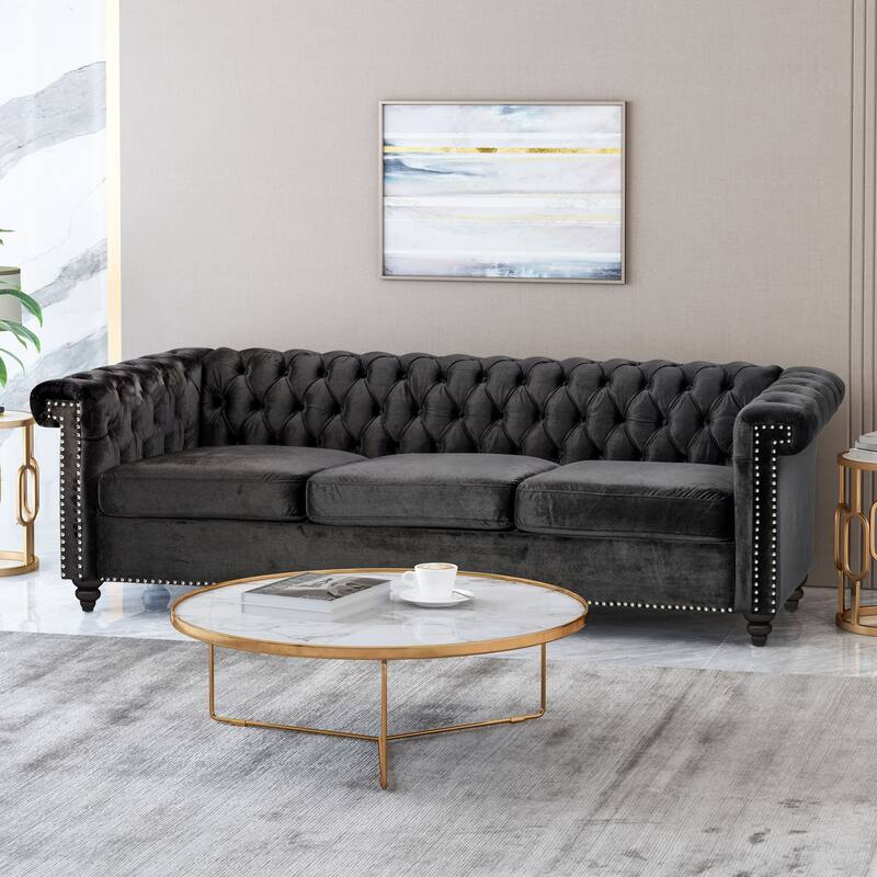 Chesterfield 3-Seater Velvet Sofa with Tufted Back and Nailhead Trim for Living Room - Black