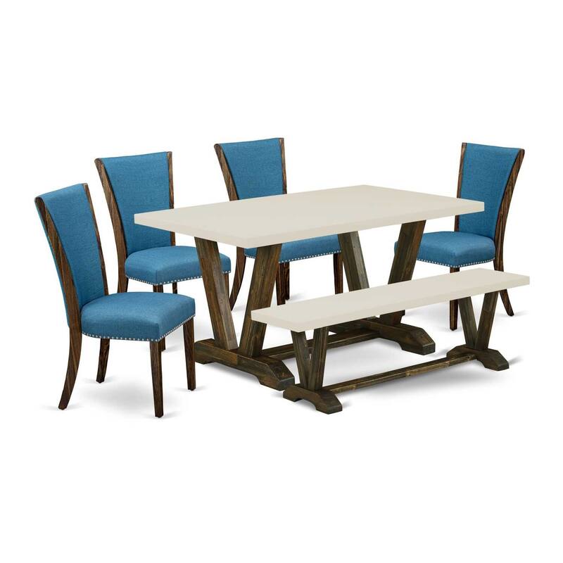 HomeStock 6-Piece Rectangle Distressed Jacobean Finish Solid Wood Top Dining Table with 1-Bench, 4-Chairs
