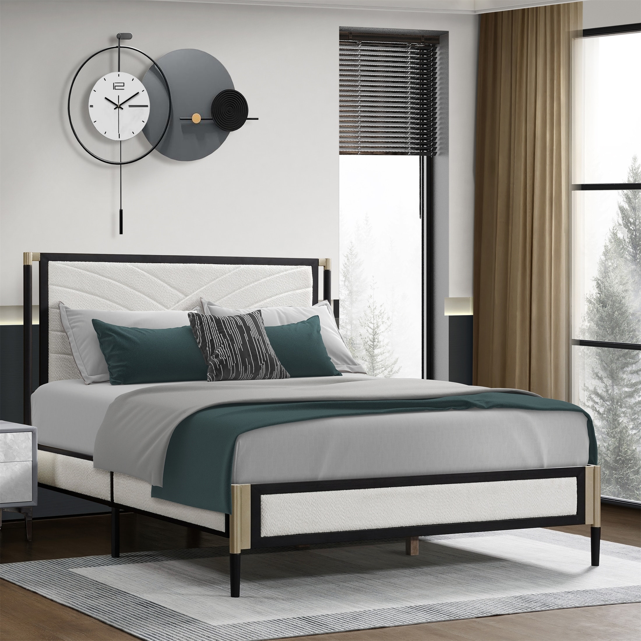 Full Size Bed with White Boucle fabric Headboard