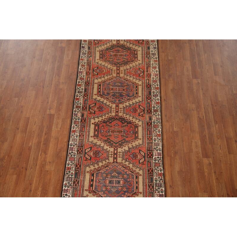 Orange Ardebil Persian Vintage Runner Rug Handmade Tribal Wool Carpet - 3'2"x 10'3"