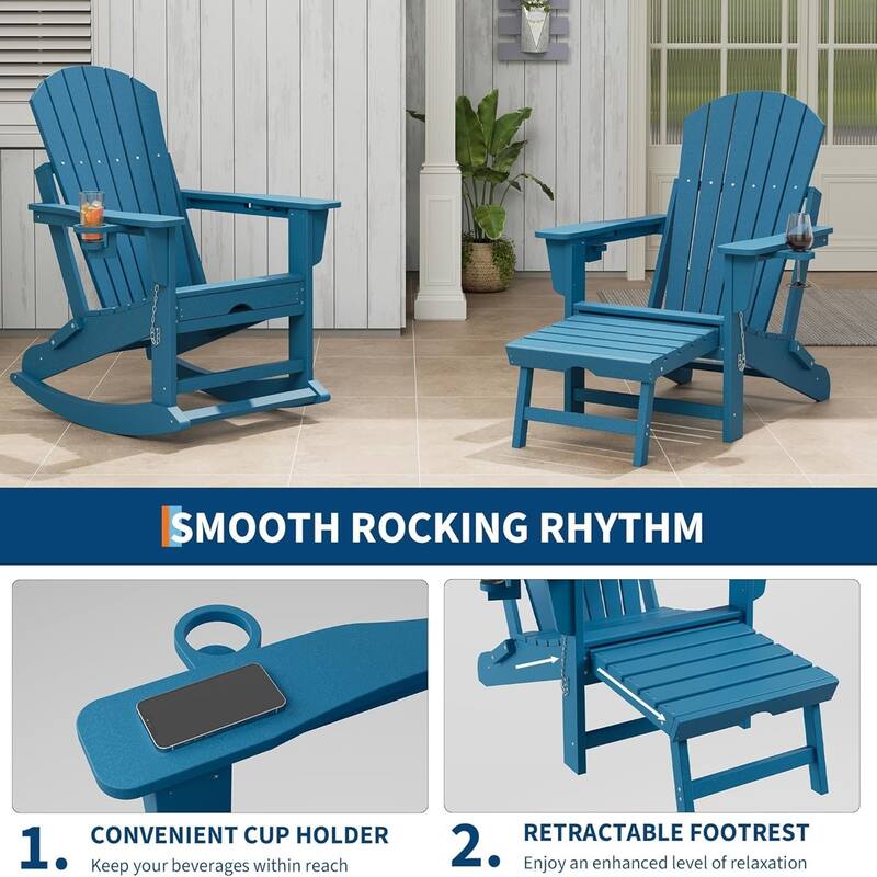 Adirondack Rocking Chair with Ottoman Folding HDPE Outdoor Chair All-Weather