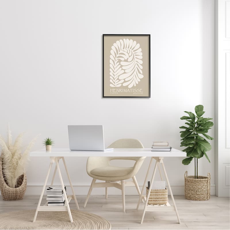 Stupell Neutral Tones Botanical Leaf Pattern Matisse Text Framed Wall Art - Tan
