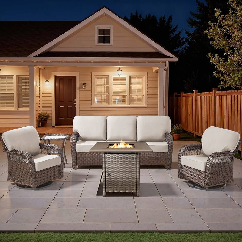 Pocassy Outdoor Fire Table with Sofa Swivel Chair Funiture Set. - Brown Wicker Beige Cushion - 5-Piece Sofa Swivel Chair Table w/ Fie Pit Table