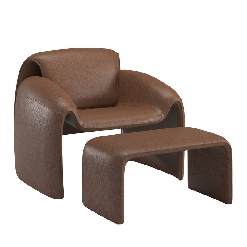 Maratea Round Arm Accent Chair and Ottoman by iNSPIRE Q Modern - Chair and Ottoman - Brown Vegan Leather