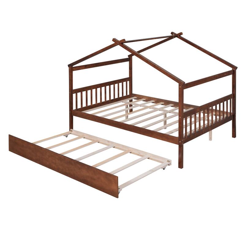 Wooden House Bed with Twin Size Trundle