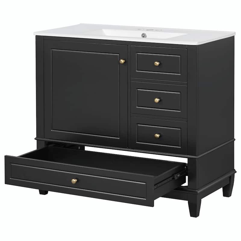 36" Bathroom Vanity with Ceramic Sink, MDF & Solid Wood Base, 3 Drawers and Cabinet with Shelves