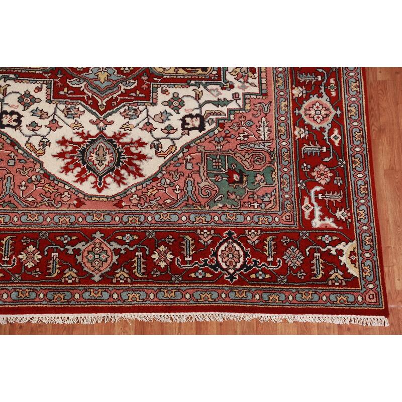 Hand Knotted Oriental 100% Wool Carpet Traditional Medallion Beige & Ivories Heriz (serapi) Area Rug - 10' 1'' X 7' 11''