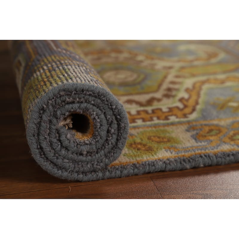 Hand Knotted Oriental 100% Wool Carpet Traditional Geometric Greys & Charcoal Kazak Runner Rug - 9' 10'' X 2' 6''