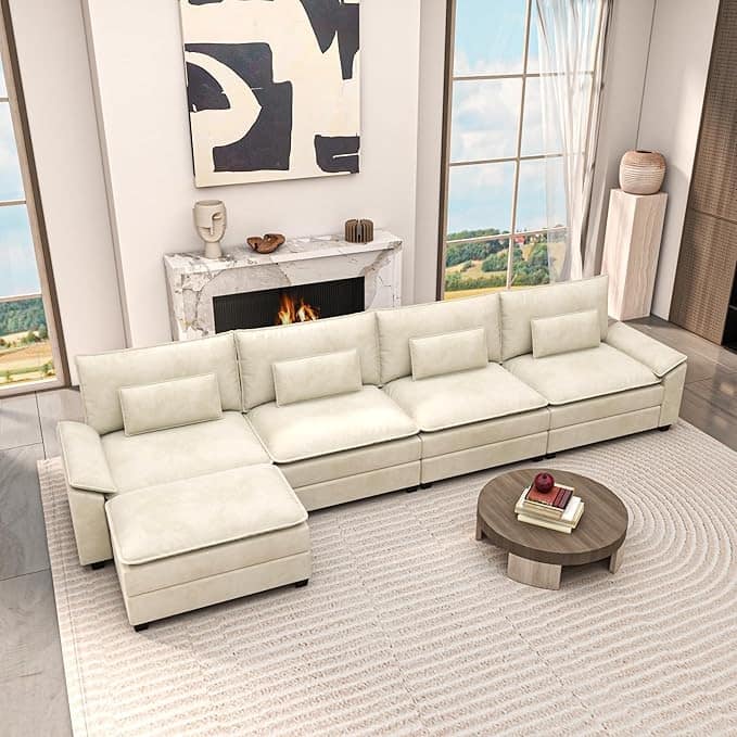 Kullavik Cloud Chenille L-Shaped Sofa, Modular Sectional Sofa with Ottoman, Throw Pillows and Double Layered Cushion