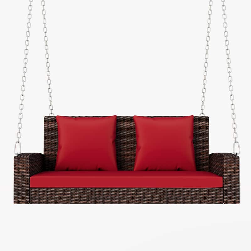 2-Seats Wicker Hanging Porch Swing Chair Outdoor Rattan Patio Swing Lounge w/ Cushion, Wicker Woven Swing Loveseat for Backyard