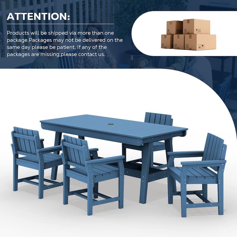 HDPE Patio Dining Set with Rectangular 67.91in W Table with Umbrella Hole and 4 Chairs - N/A