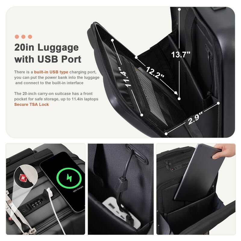 Merax Suitcases 3 Piece ABS Hardshell Front-Opening Luggage Sets with USB Port and Spinner Wheels & Cup Holder, for Men Women