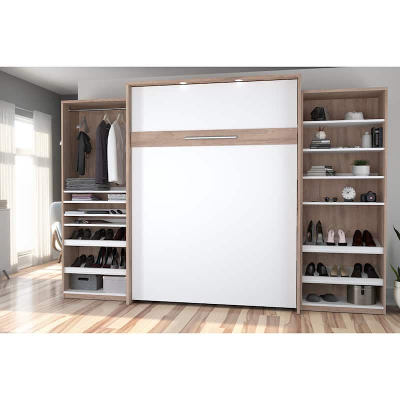 Cielo 125W Queen Murphy Bed with 2 Shelving Units by Bestar - Rustic Brown & White