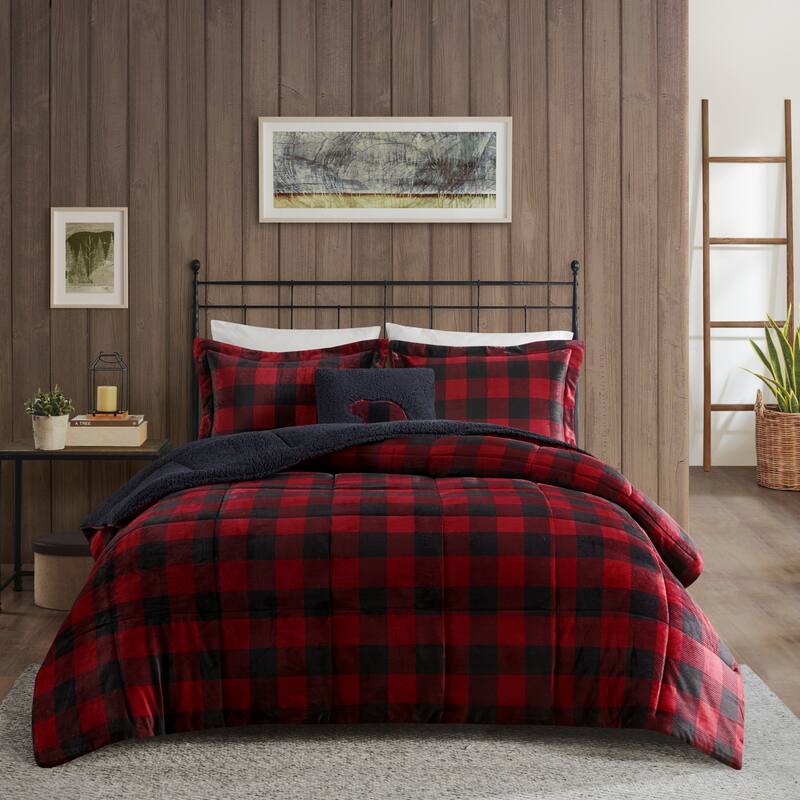 Woolrich Alton Plush to Sherpa Down Alternative Comforter Set - Red/Black Buffalo Check - Queen