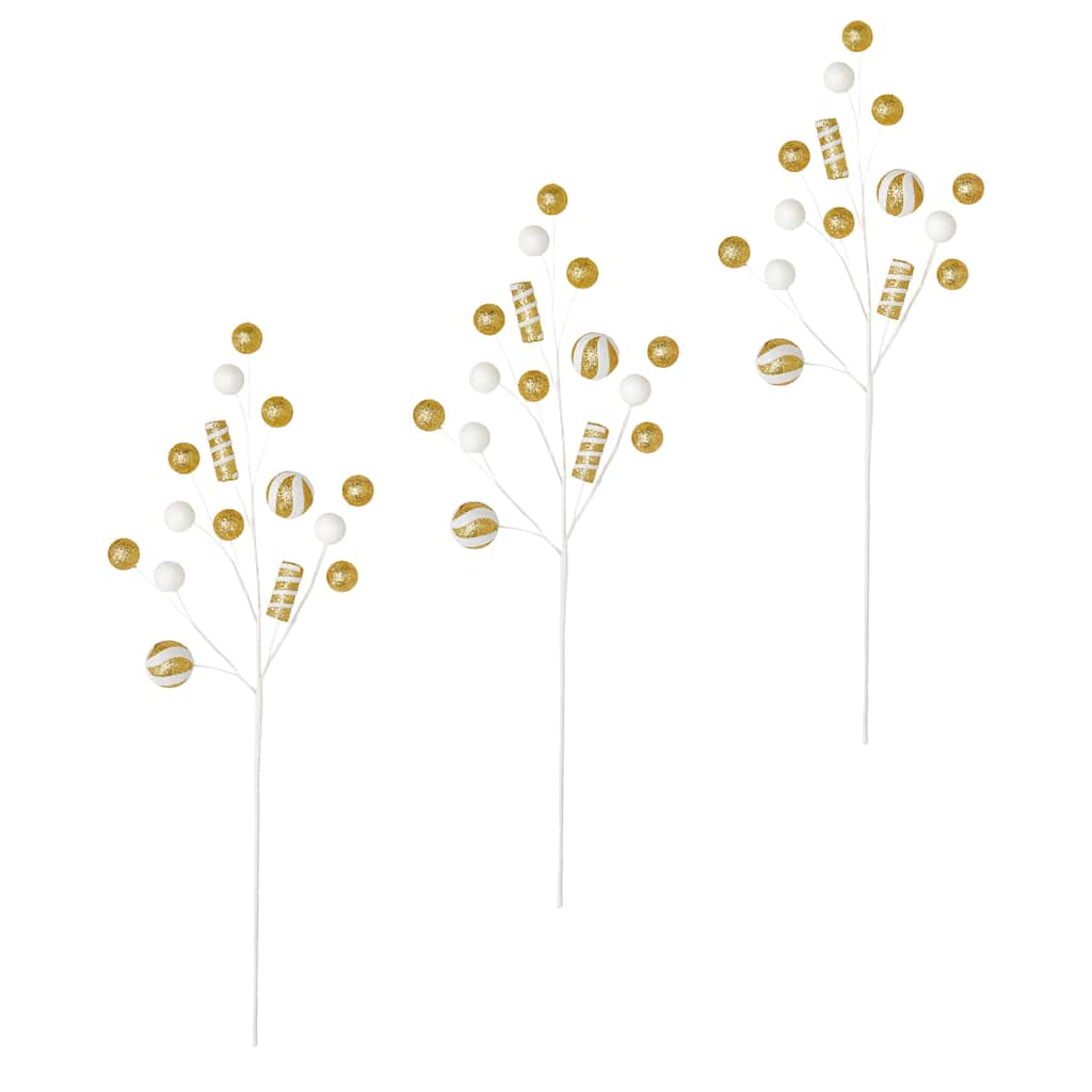 27" Glittered Ball & Candy Spray, Gold, Set of 3 - Gold