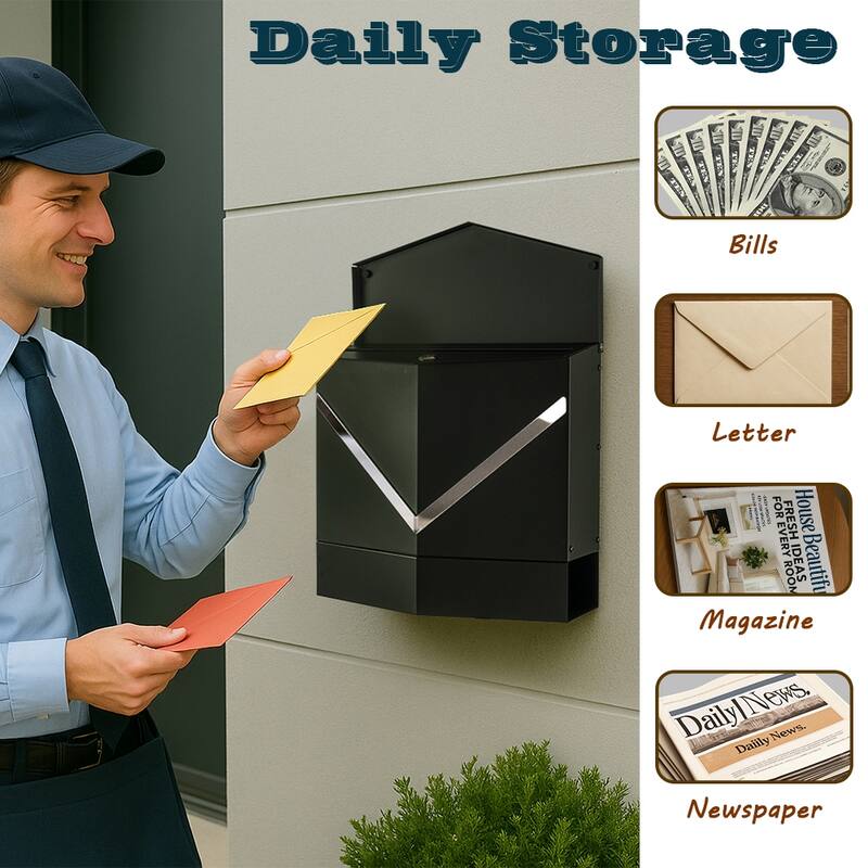 Modern Outdoor Black Metal Secure Locking Wall-Mount Mailbox With Stainless Steel V-Shape Futuristic Design For Home or Office