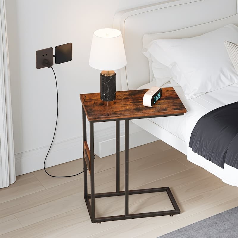Javlergo Set of 2 C-Shaped End Tables with Charging Station Outlets & USB Fits Sofa Bed for Small Spaces Nightstand & Sofa Table