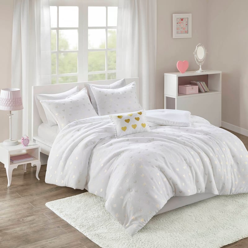 3 PCS Twin/Twin XL Metallic Printed Plush Comforter Set with Throw Pillow White/Gold - White