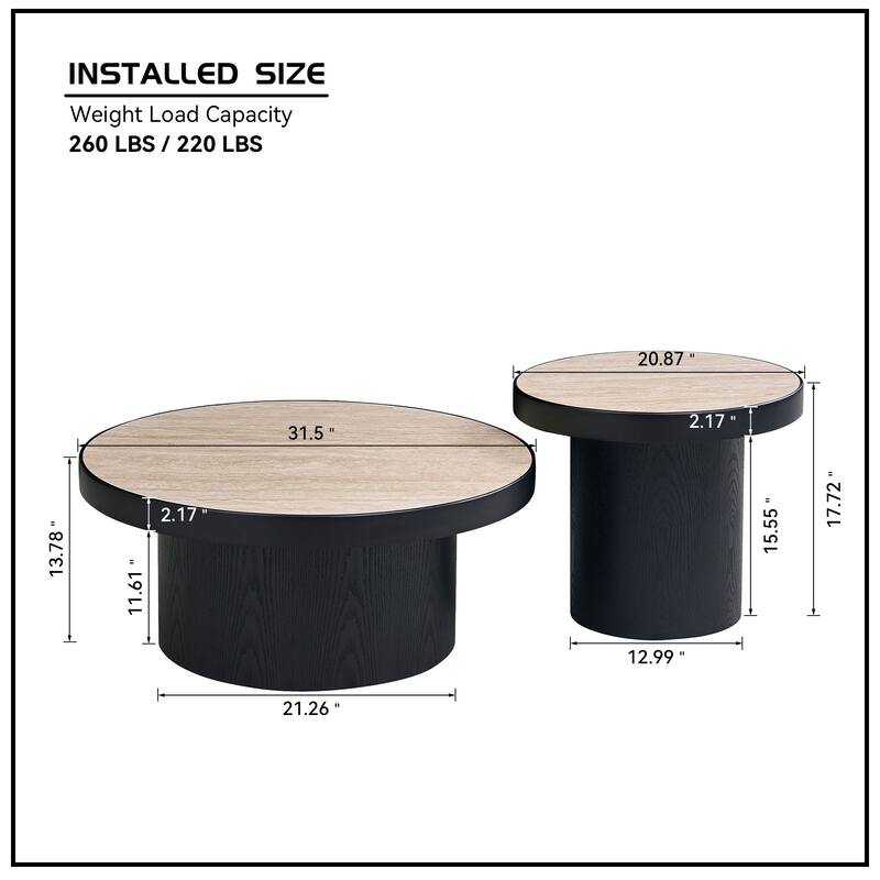Nesting Round Coffee Table Set with Sintered Stone Tabletop, Modern Living Room Center Table