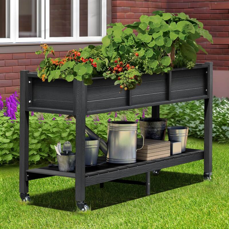 Moasis 2-Tier Outdoor Raised Garden Bed Planter Box Wood Mobile Elevated Stand With Lockable Wheel and Legs