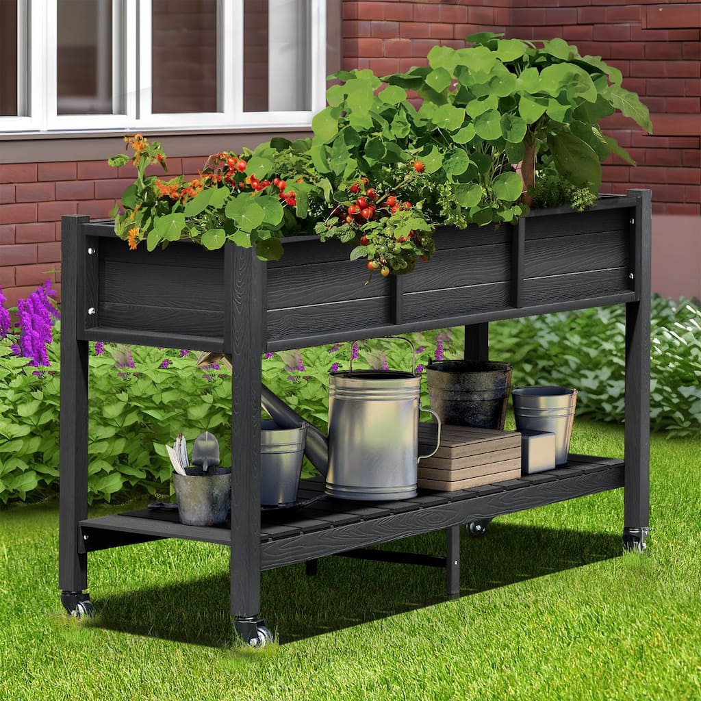 Moasis 2-Tier Outdoor Raised Garden Bed Planter Box Wood Mobile Elevated Stand With Lockable Wheel and Legs