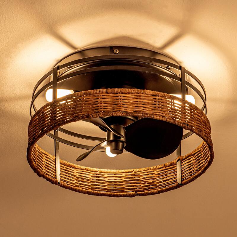 Farmhouse Black 3-Blade Drum Flush Mount Ceiling Fan with Remote and Light - 12.5-in W