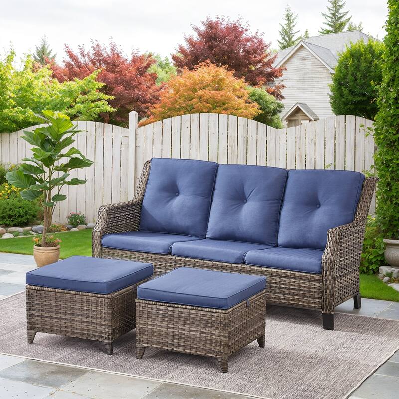 Outdoor Sofa with 2 Ottoman - Grey - Blue - Grey