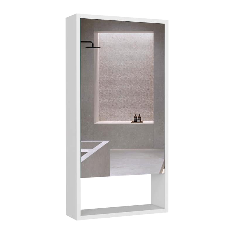 35" Tall Medicine Cabinet with One External Shelf, Two Interior Shelves, Single Door Design, Large Mirror