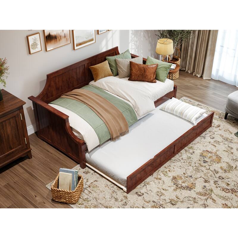 Twin Daybed with Trundle - Wood Frame Daybed for Living Room, Bedroom, Guest Room - Walnut Finish